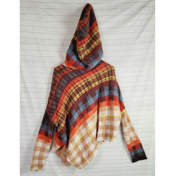 Free People Ainsley Plaid Hooded Wool Blend Poncho in Apple Cider Combo, sz S - Picture 10 of 16